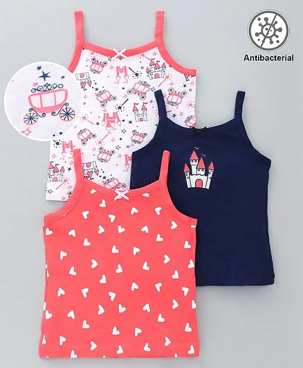 Babyoye Cotton Singlet Camisoles Castles & Heart Print Pack of 3 - Pink White Blue