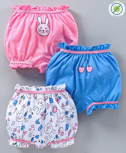 Babyoye Cotton Bloomers Bunny Print Pack of 3 - White Pink Blue