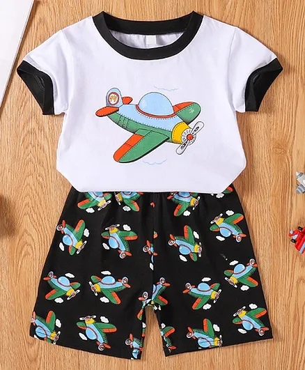 Kookie Kids Half Sleeves Tee And Shorts Set Aeroplane Print - White