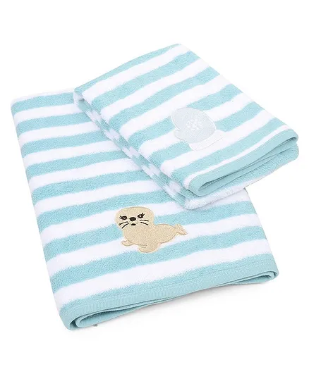My Milestones Luxe Plush Hand Towel Modern Stripes- Set 2 Pc- Aqua Blue White