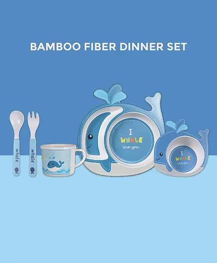 POLKA TOTS Eco Friendly Bamboo Fiber Dinner Set 5 Pcs Tableware Crockery Set - Cute Whale