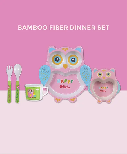 POLKA TOTS Eco Friendly Bamboo Fiber Dinner Set 5 Pcs Tableware Crockery Set - Happy Owl