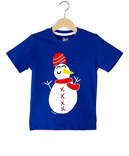 The Talking Canvas Half Sleeves Indian Snowman Print Christmas T-Shirt - Blue