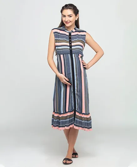 CHARISMOMIC Sleeveless Striped Maternity Nursing Dress - Multi Color