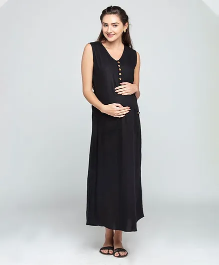 CHARISMOMIC Sleeveless A line Solid Maternity Nursing Dress - Black