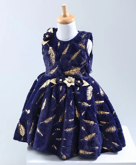 Enfance All Over Golden Foil Feather Printed Sleeveless Flared Dress - Navy