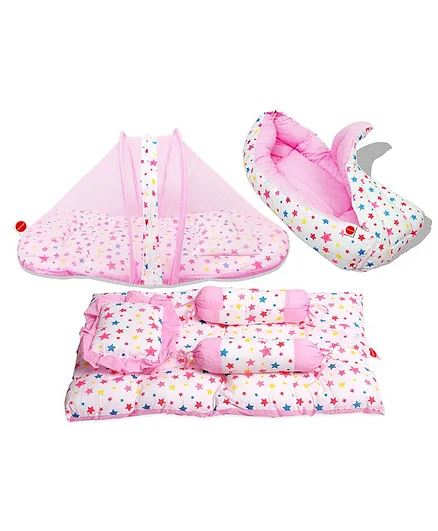 VParents Joy Baby 4 Pieces Bedding Set with Pillow Bolsters & Sleeping Bag Combo - Pink