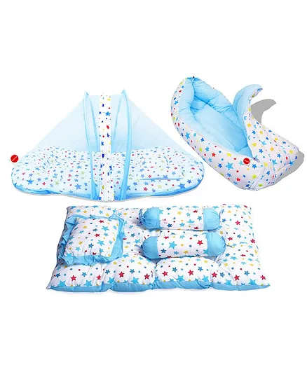 VParents Joy Baby 4 Pieces Bedding Set with Pillow Bolsters & Sleeping Bag Combo - Blue
