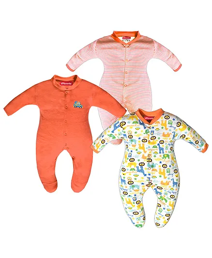 VParents Aqua Footed Baby Romper Pack of 3 - Orange (Design May Vary)