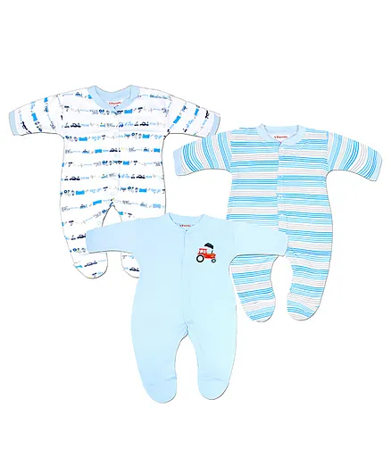 VParents Aqua Footed Baby Romper Pack of 3 - Blue (Design May Vary)