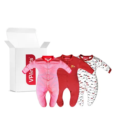 VParents Aqua Footed Baby Romper Pack of 3 - Red (Design May Vary)