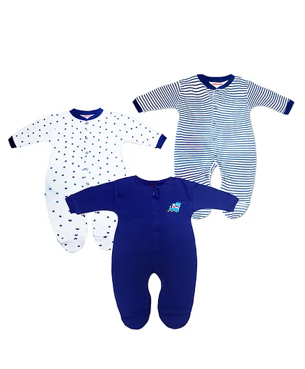 VParents Aqua Footed Baby Romper Pack of 3 - Royal Blue (Design May Vary)