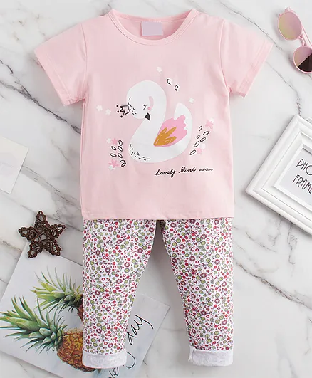 Kookie Kids Half Sleeves Night Suit Swan Print - Pink White