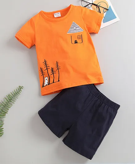 Kookie Kids Half Sleeves Night Suit Tree Print - Orange