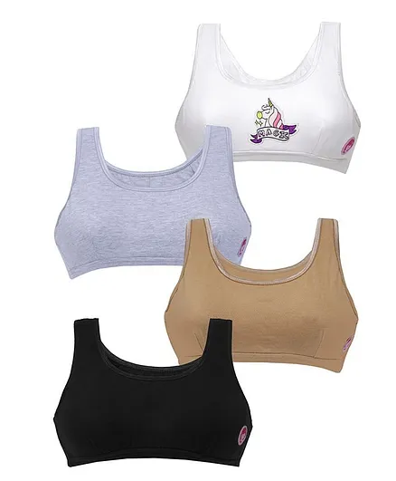 D'chica Pack Of 4 Unicorn Print & Solid Bras - Multi Color