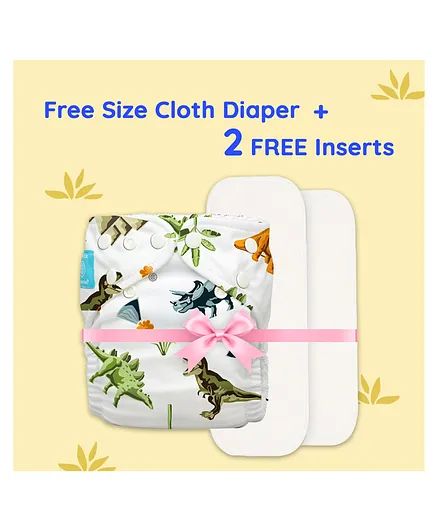 Charlie Banana All Night Free-size Cloth Diaper with 2 Inserts - 360 Softness - Dinosaurs