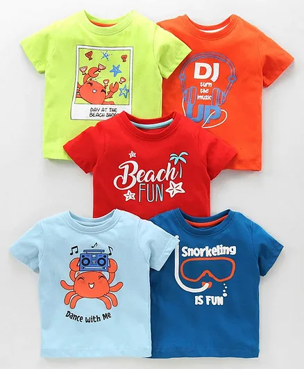Babyoye Cotton Half Sleeves Tees Crab & Text Print Pack of 5 - Multicolour