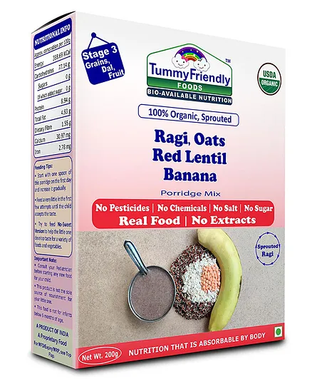 Tummy Friendly Foods Sprouted Ragi Oats Red Lentil Banana Porridge Mix - 200 gm