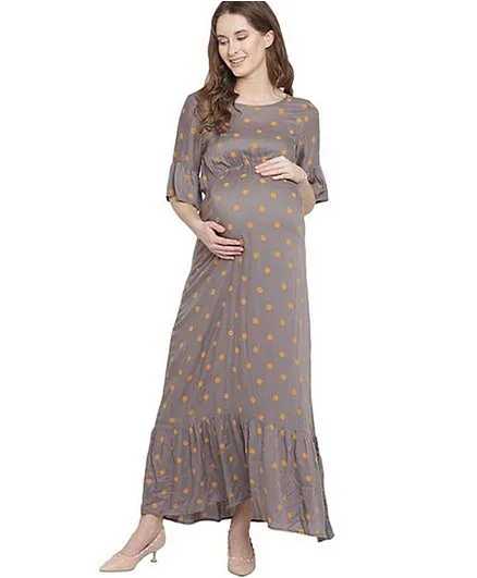 Mine4Nine Three Fourth Sleeves Polka Dots Printed Maternity Dress - Grey