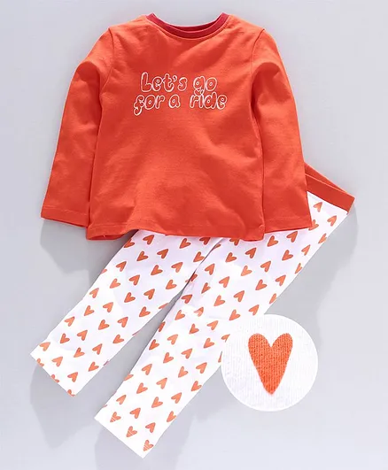 Go Bees Full Sleeves Tee With Hearts Printed Pants - Orange & White