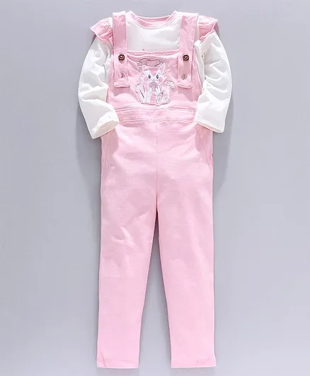 Go Bees Full Sleeves Top With Cat Patch Dungaree - Baby Pink & White
