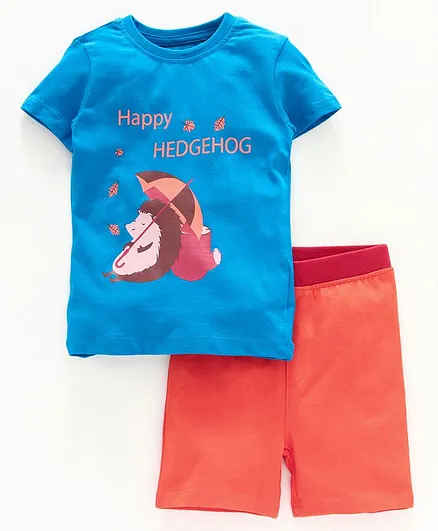 Go Bees Short Sleeves Hedgehog Printed Tee With Shorts - Blue & Red