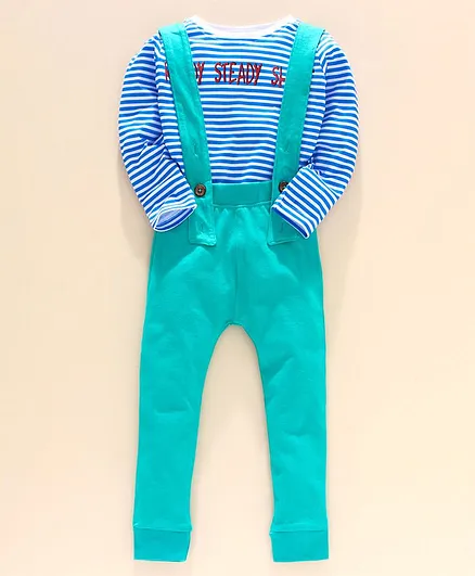 Go Bees Full Sleeves Striped Tee With Dungaree - Green & Blue