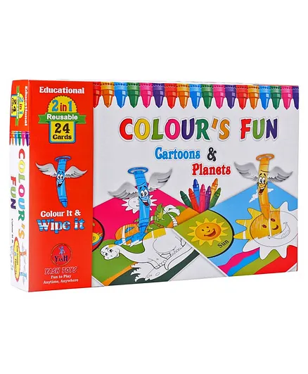 Yash Toys 2 in 1 Reusable Colouring Cards With Crayons Cartoons & Planets - 24 Cards