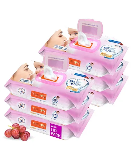 Tulips Sensitive Baby Wet Wipes With Lid Pack of 6 - 72 Pieces each