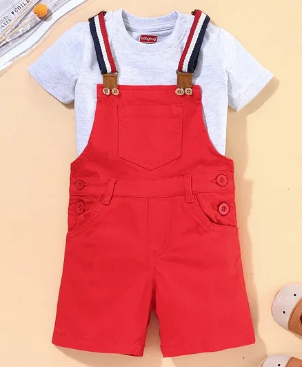 Babyhug Half Sleeves Dungaree with Tee Solid Color - Red