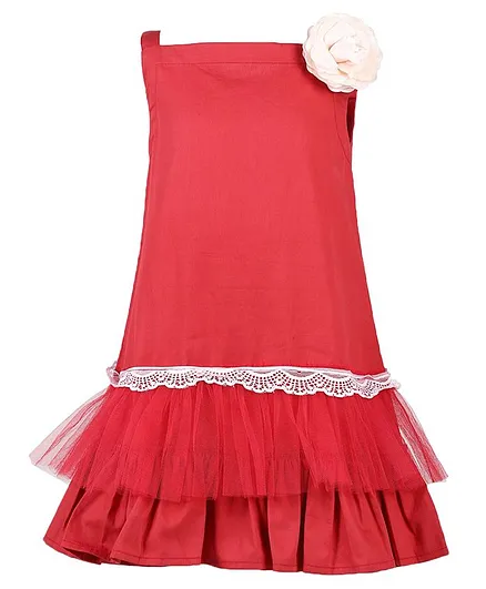 A Little Fable Sleeveless A Line Flower Embellished Dress - Red