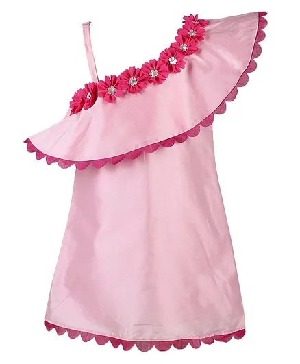 A Little Fable Short Sleeves Flower Detailed One Shoulder Dress - Pink