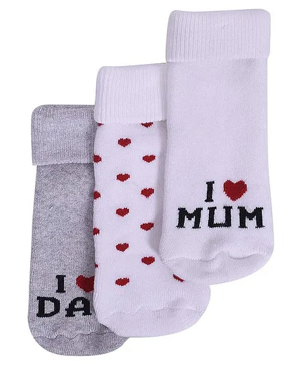 Footprints I Love Mom Dad Print Organic Cotton Socks Pack Of 3 Pairs - White & Grey