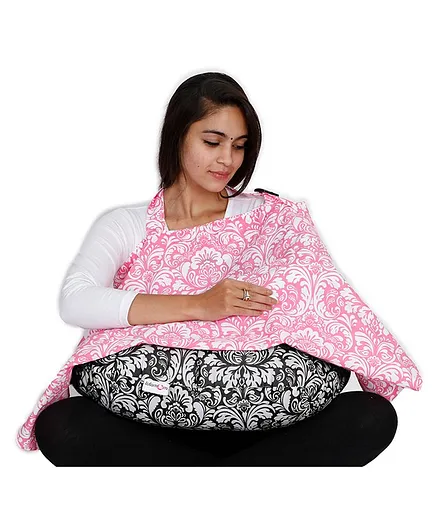 Lulamom Printed Cotton Nursing Cover & Feeding Pillow Combo - Pink Black