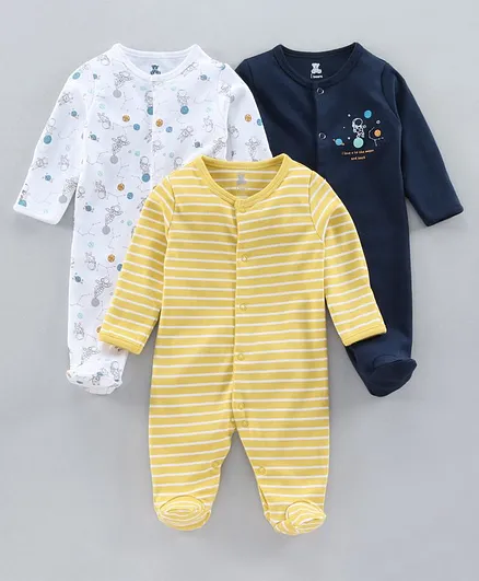 I Bears Full Sleeves Sleep Suits Pack of 3 - Navy Yellow White