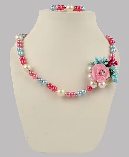Daizy Rose & Pearl Detailed Necklace With Bracelet - Pink