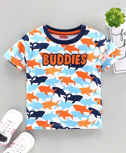 Babyhug Biowashed Half Sleeves Biowashed Tee Shark Print - Multicolour