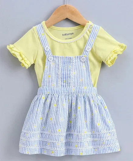 Babyoye 100%Cotton Dungaree Style Frock With Tee & Bloomer Floral Print - Light Blue Yellow