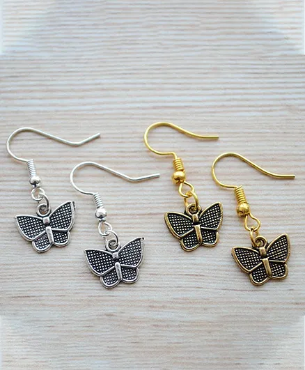 Pretty Ponytails 2 Pairs Of Butterfly Drop Earrings - Gold and Silver