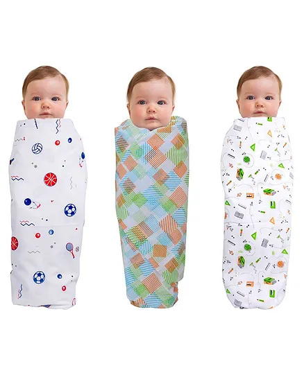 Wonder Wee 100% Cotton Baby Swaddle Wrapper Set of 3 - White Blue