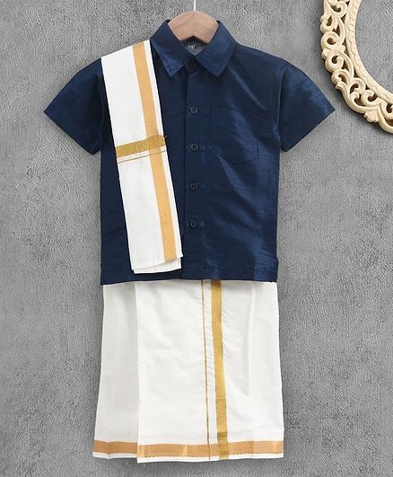 Dapper Dudes Half Sleeves Solid Shirt With Mundu & Angavastram - Navy Blue