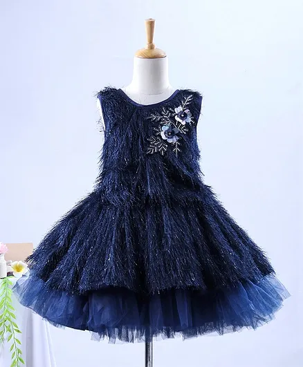 Enfance Sleeveless Floral Applique Faux Fur Layered Dress - Navy Blue