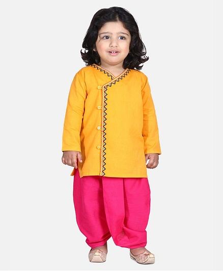 BownBee Full Sleeves Front Open Embroidered Kurta With Dhoti - Yellow