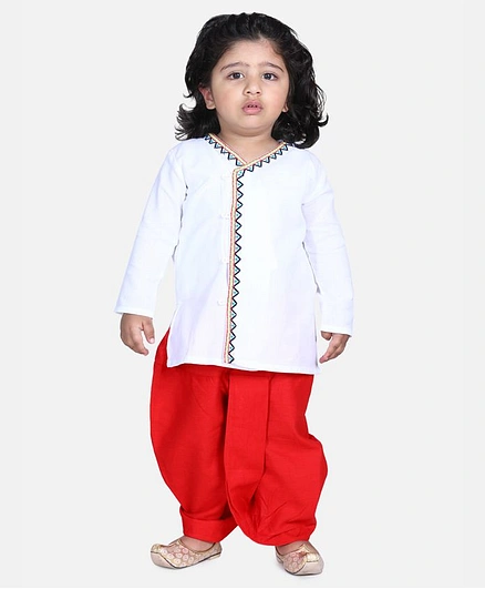 BownBee Full Sleeves Front Open Embroidered Kurta With Dhoti - White