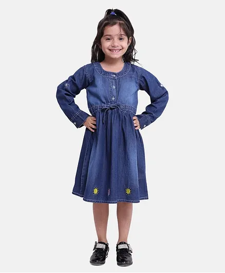 BownBee Full Sleeves Sun Embroidered Dress - Blue