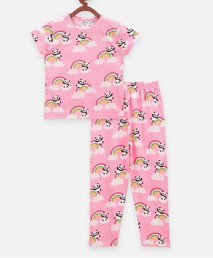 Lilpicks Couture Panda Print Short Sleeves Night Suit - Pink