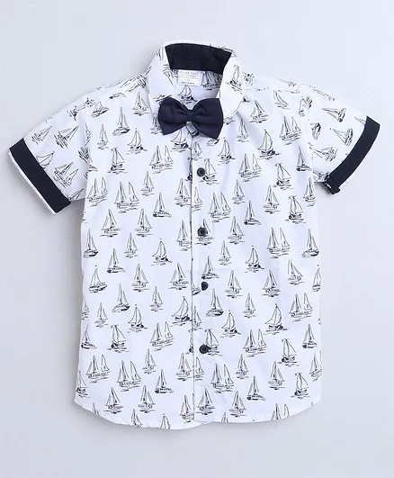 Polka Tots Half Sleeves Boat Print Shirt With Attached Bow Tie - White