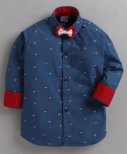 Polka Tots Full Sleeves Printed Shirt With Attached Bow Tie - Blue