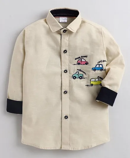 Polka Tots Full Sleeves Car Embroidered Shirt - Beige