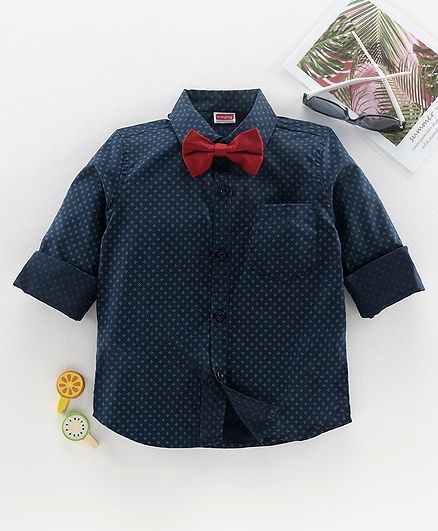 Babyhug Full Sleeves Party Shirt with Bow - Navy Blue